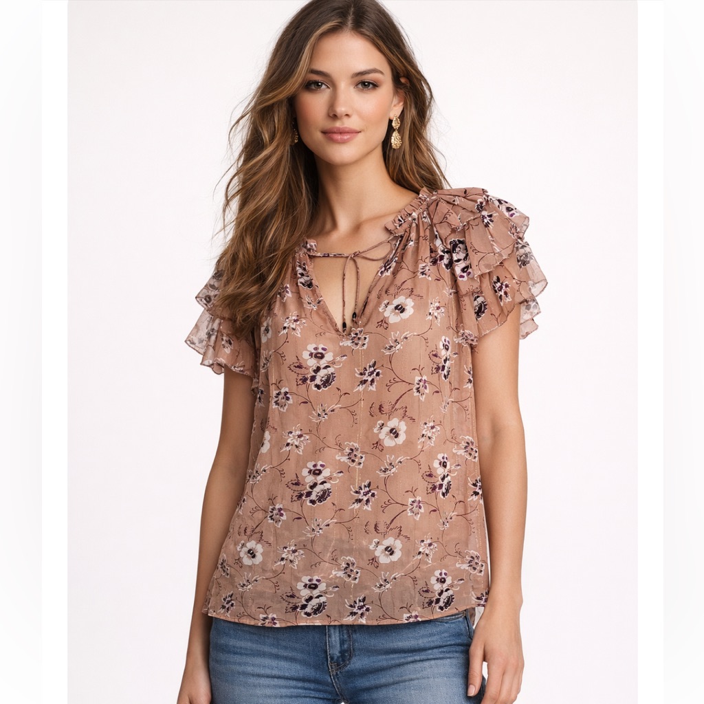 Ulla Johnson Size 4 Floral Print Ruffle Cap Sleeve Silk V-Neck Blouse